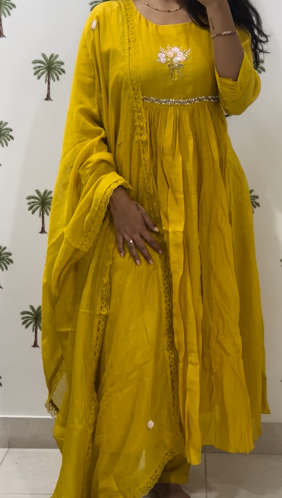 Mustard bouquet chanderi dress