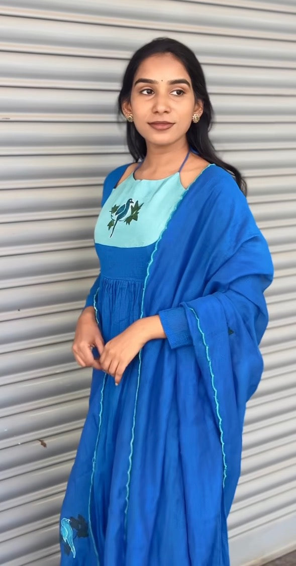 Azure Bird Handpainted Anarkali Set 🦋