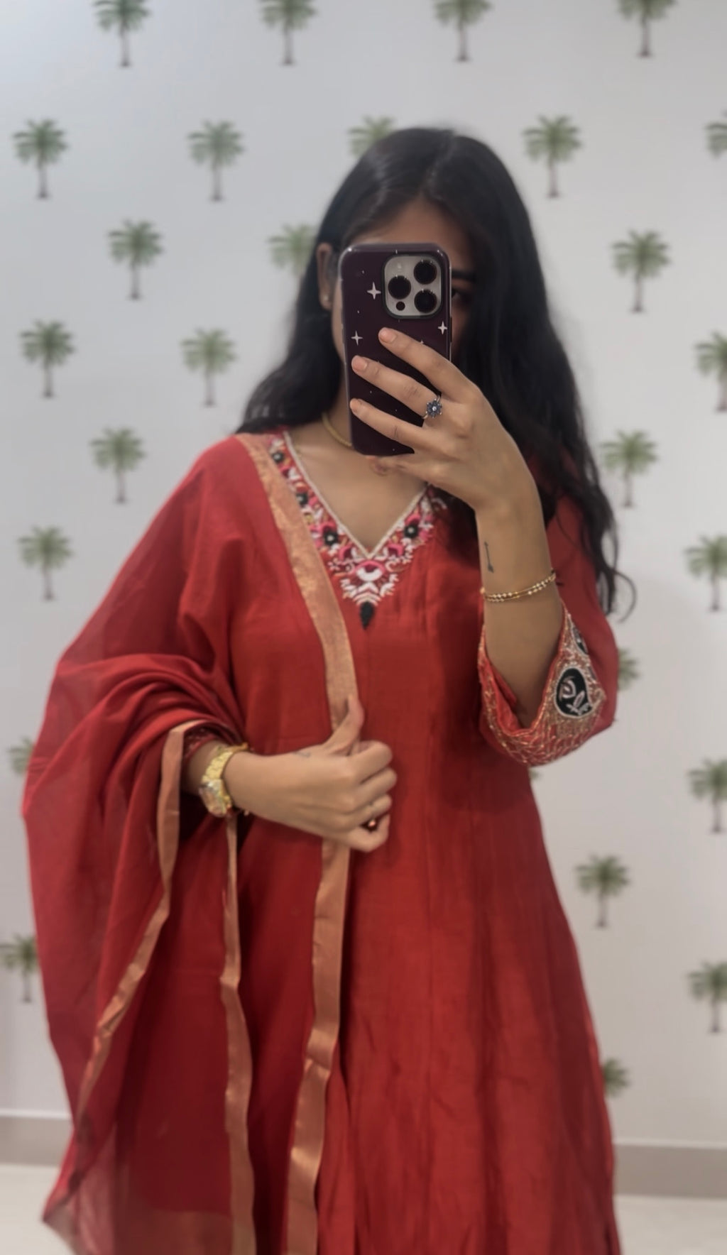 Rust orange chanderi anarkali set