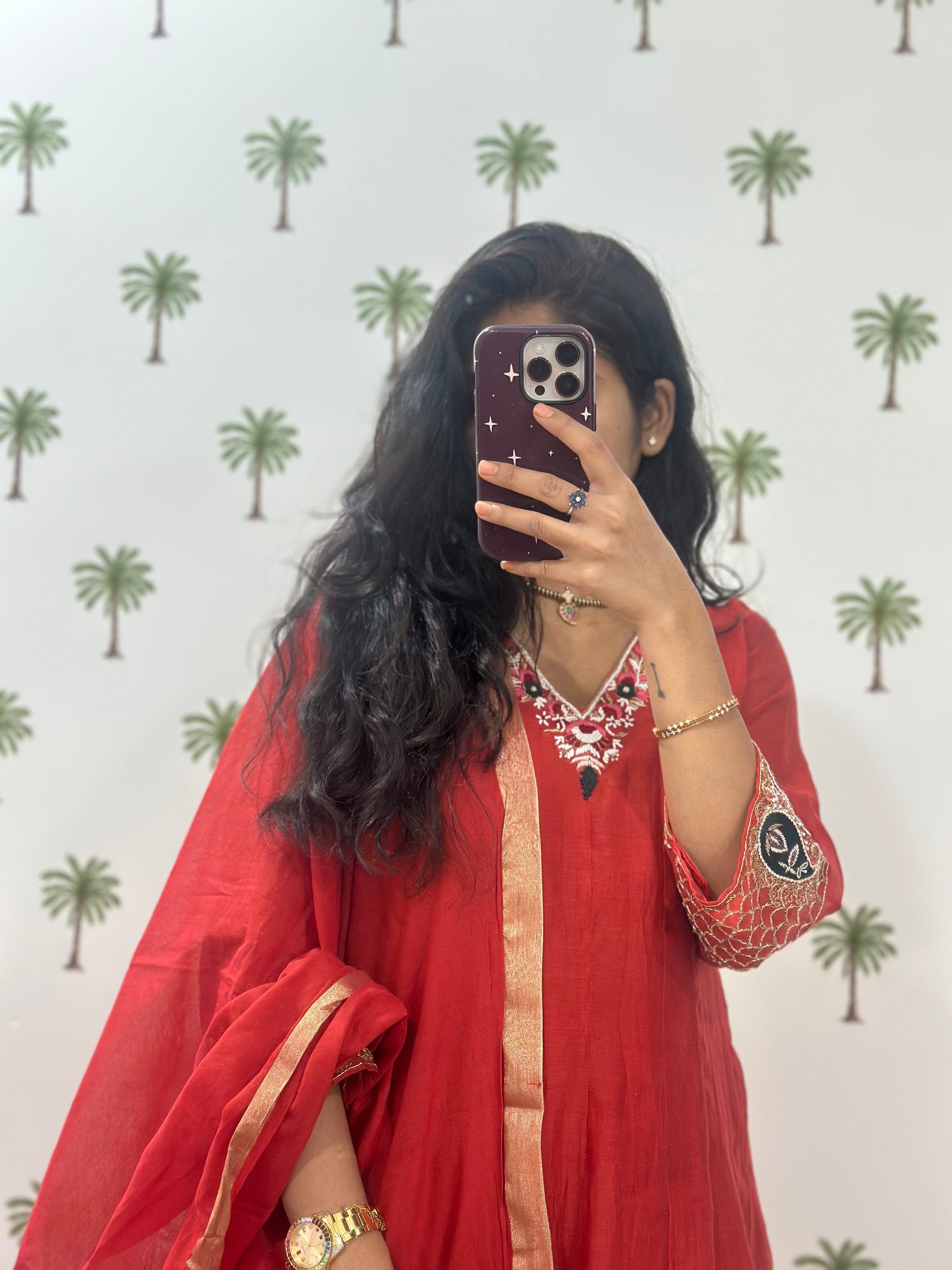 Rust orange chanderi anarkali set