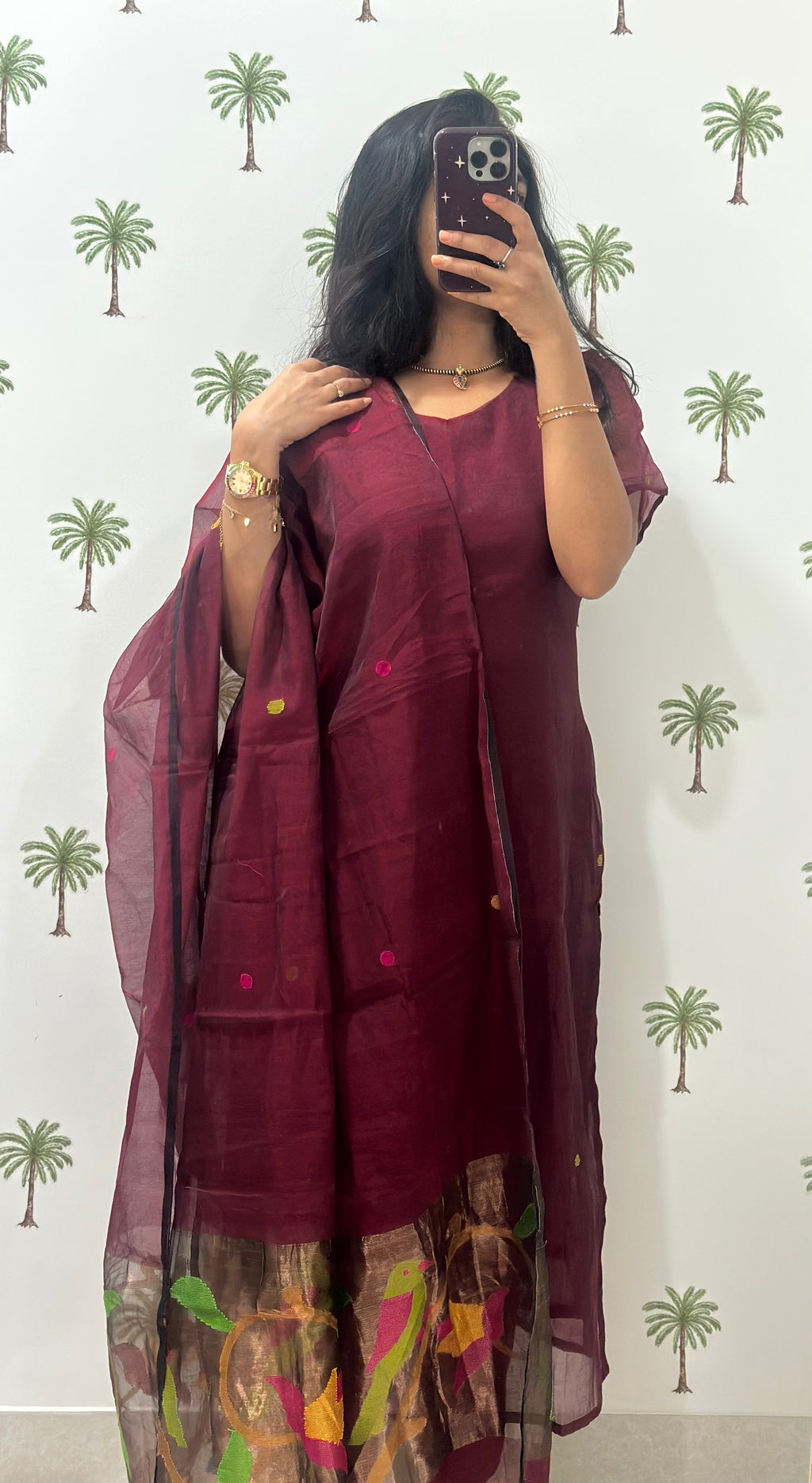 Roohani maroon jamdhani silk set