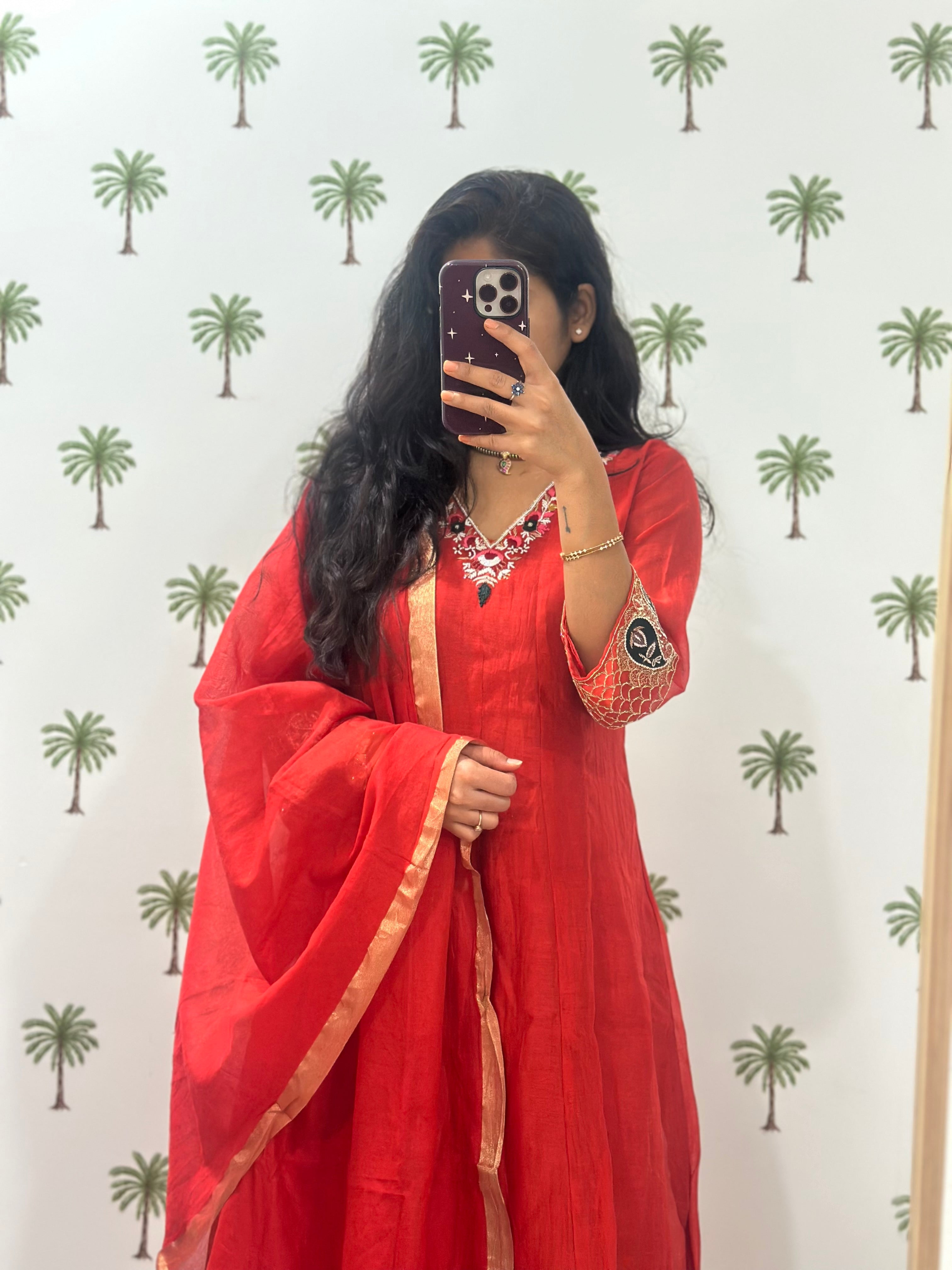 Rust orange chanderi anarkali set