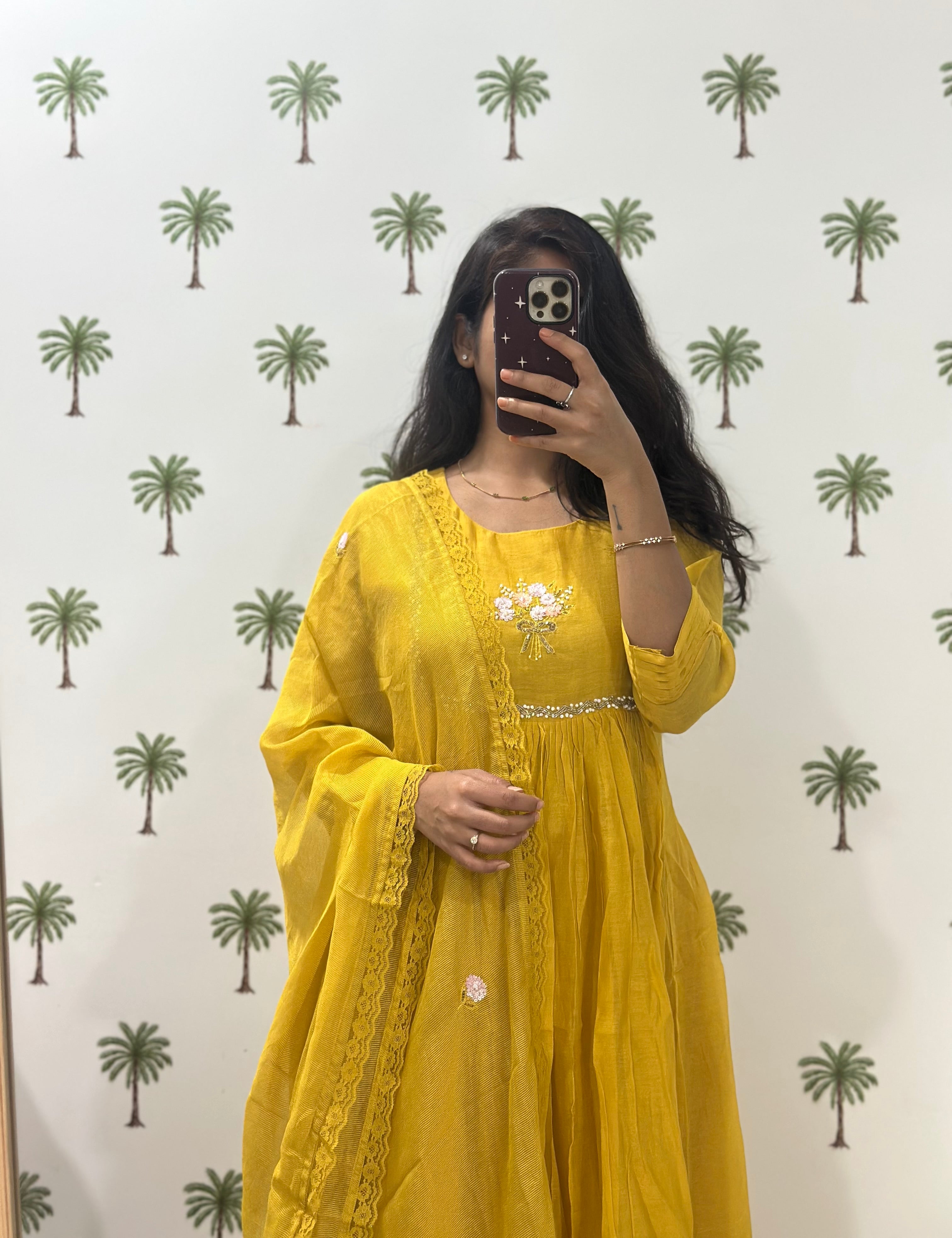 Mustard bouquet chanderi dress