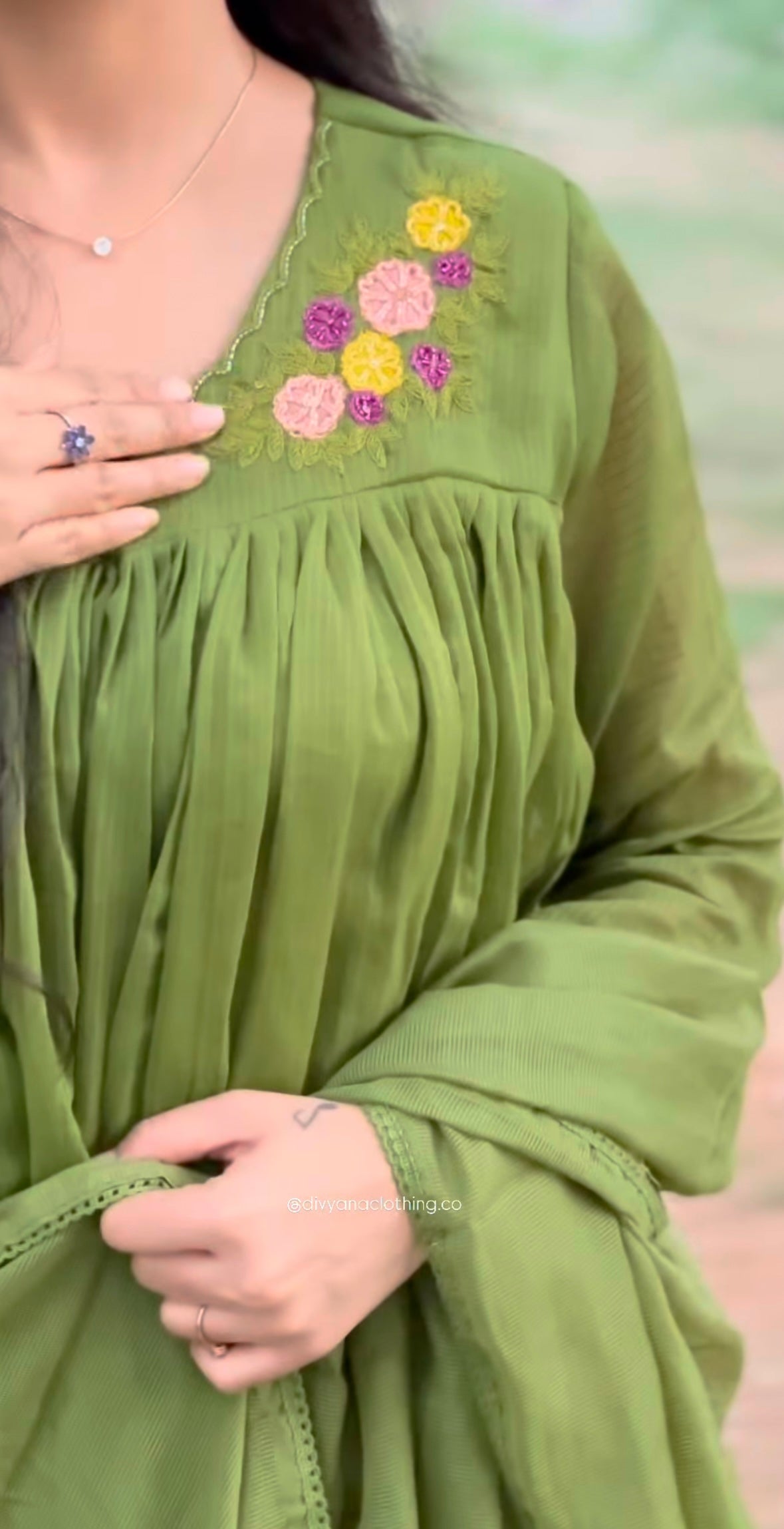 Green kota doria embroided set