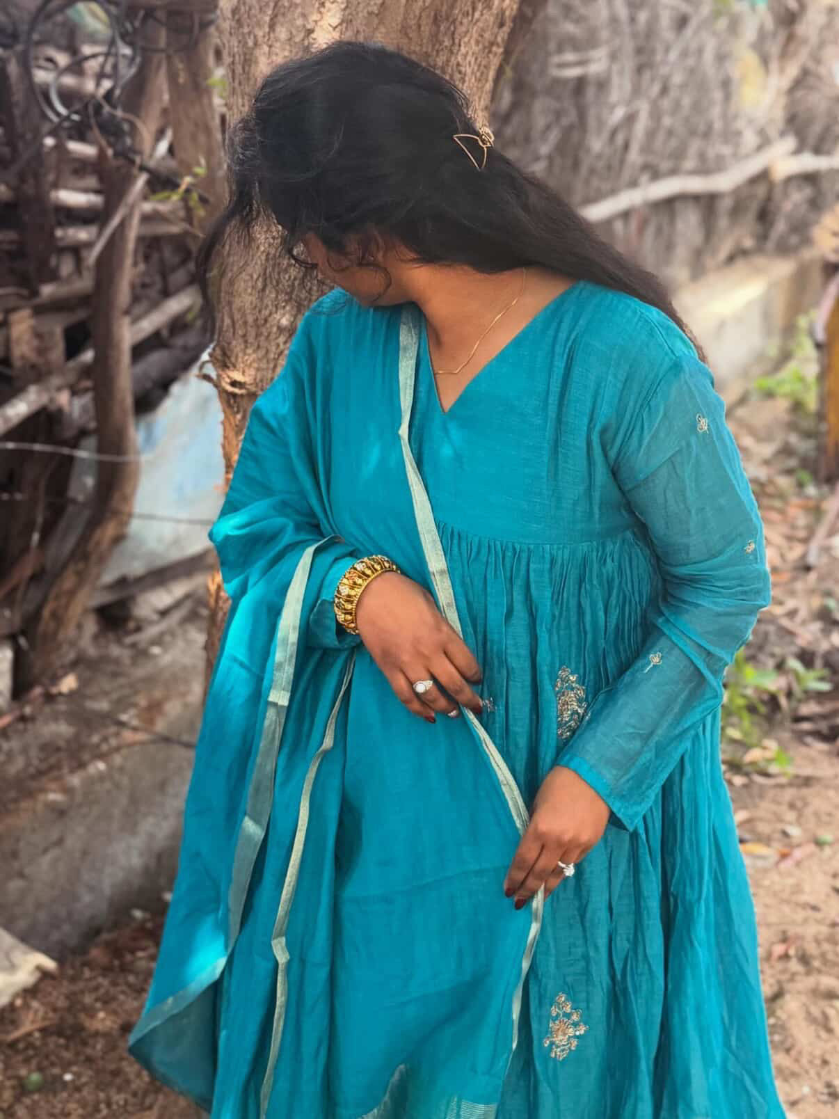 Neelambari teal chanderi embroidey set