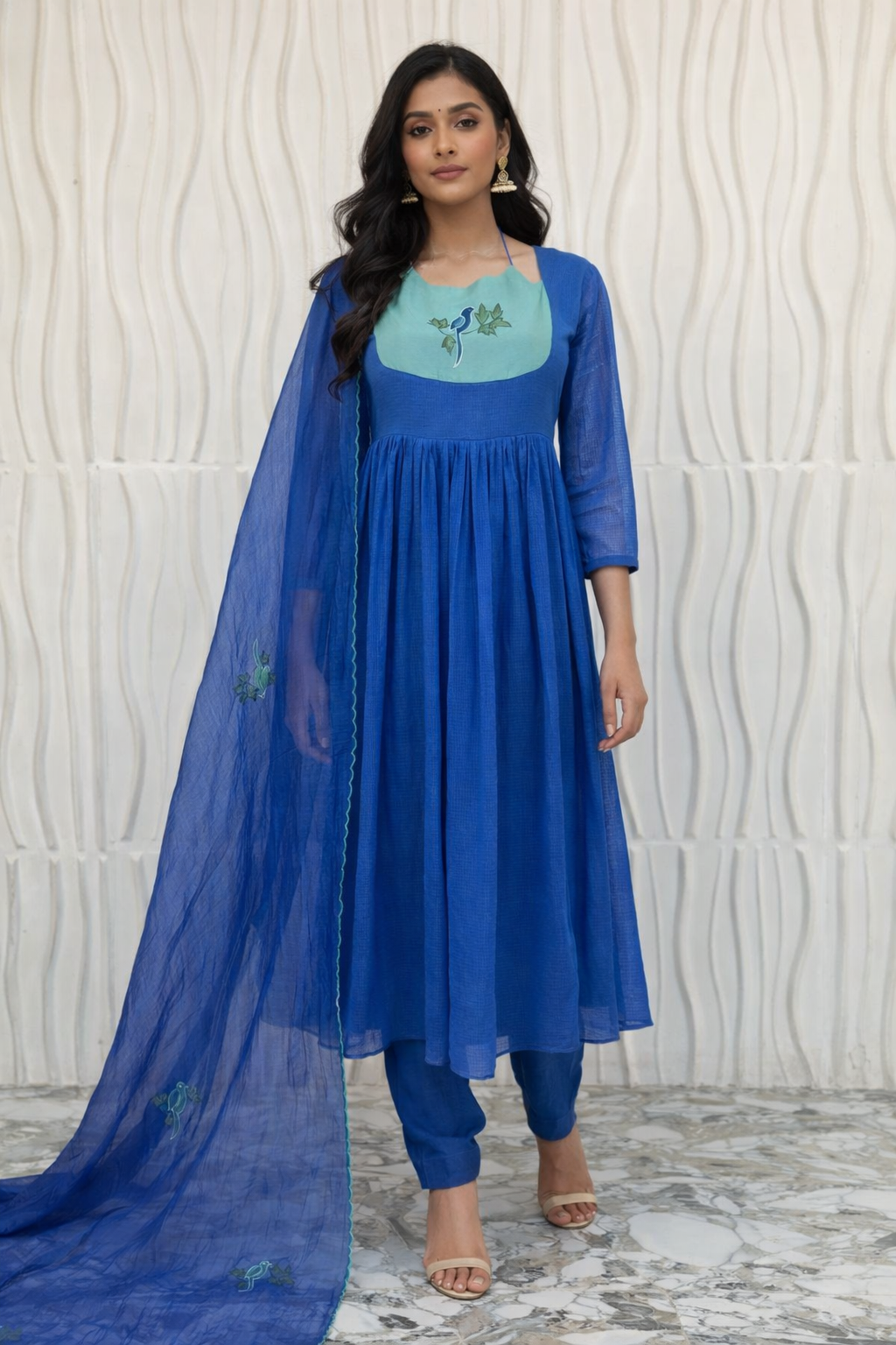 Azure Bird Handpainted Anarkali Set 🦋