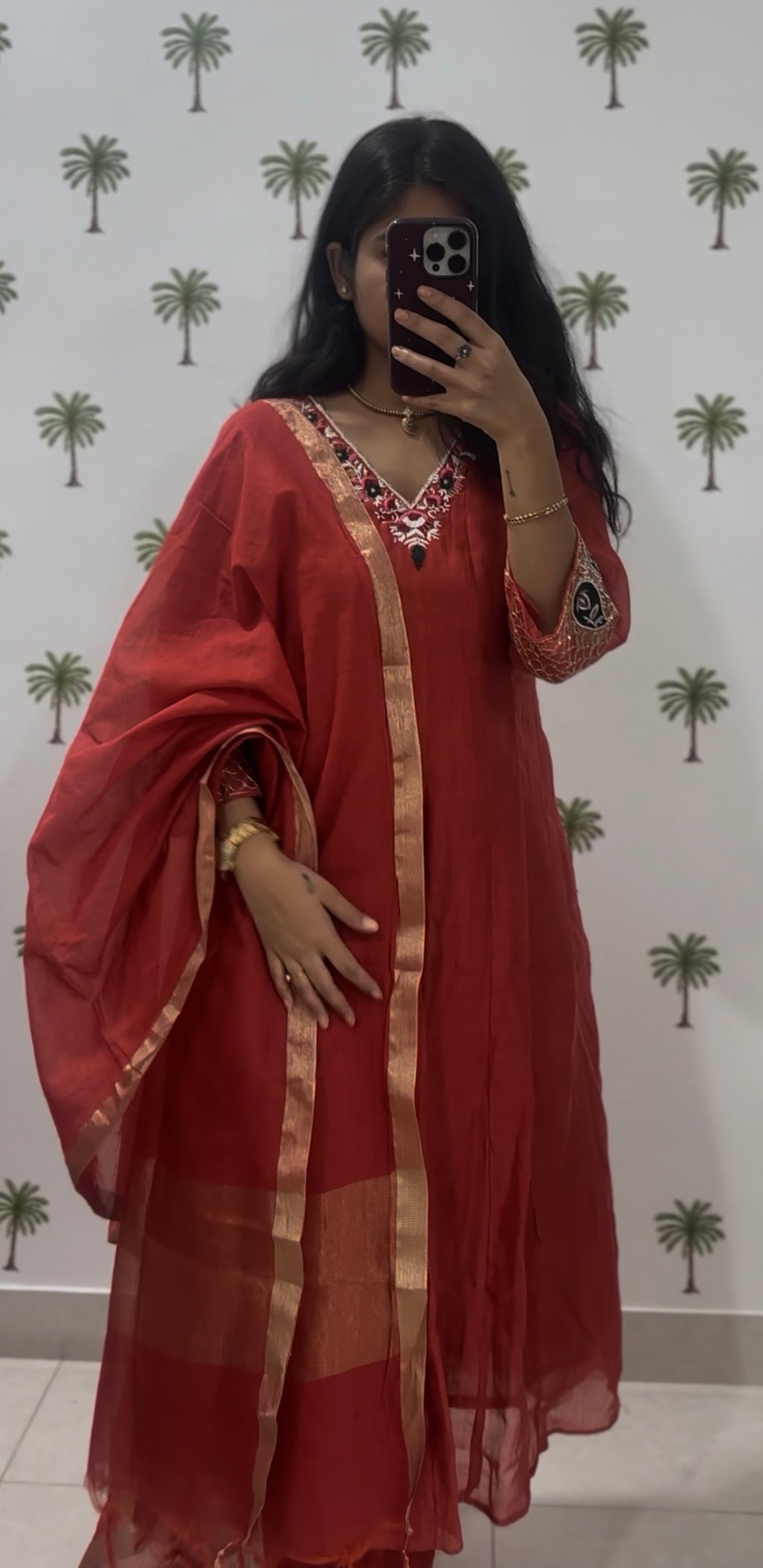 Rust orange chanderi anarkali set