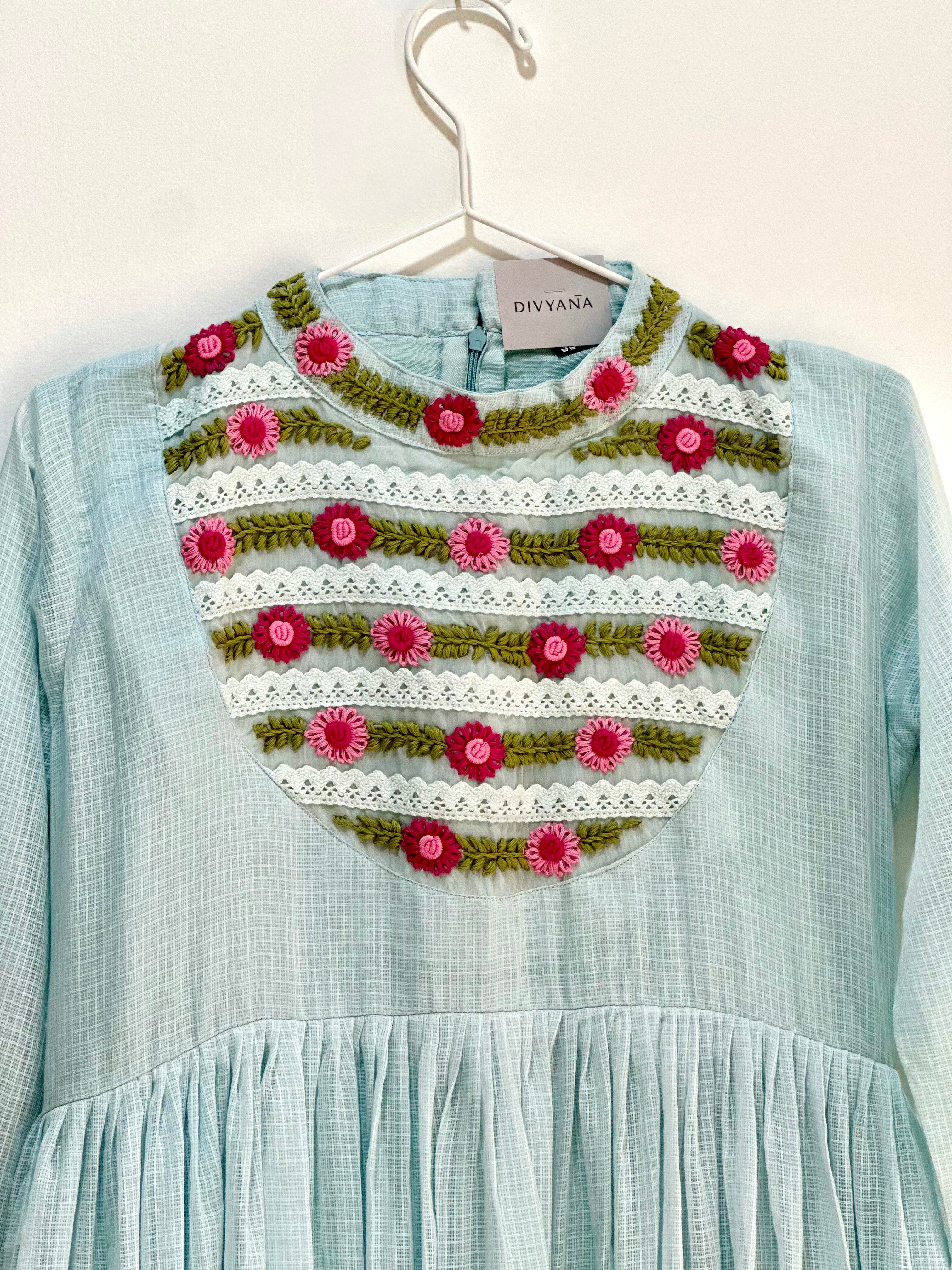 Cloud Blue Kota Doria Embroidery Dress