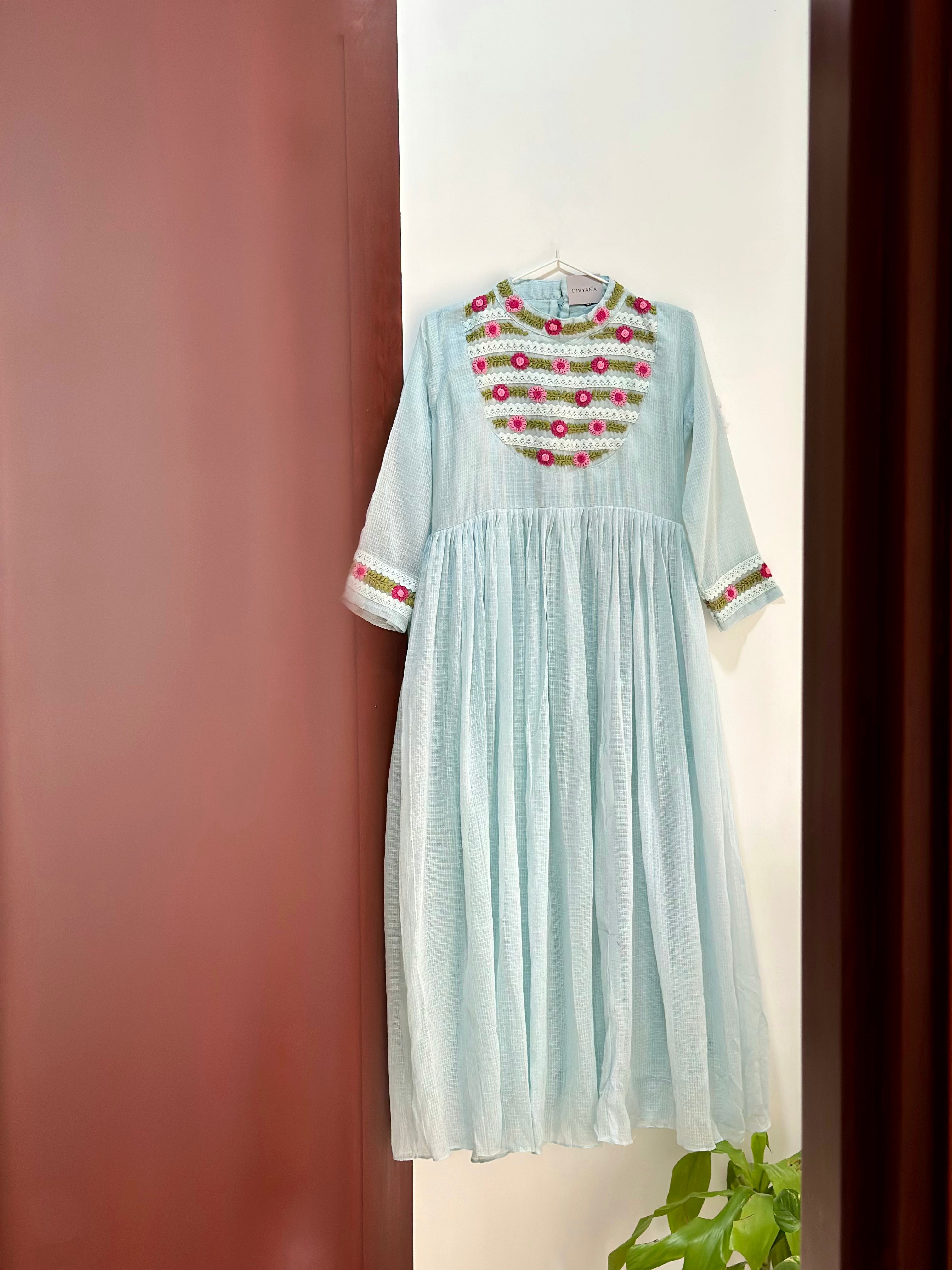 Cloud Blue Kota Doria Embroidery Dress