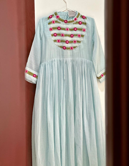 Cloud Blue Kota Doria Embroidery Dress
