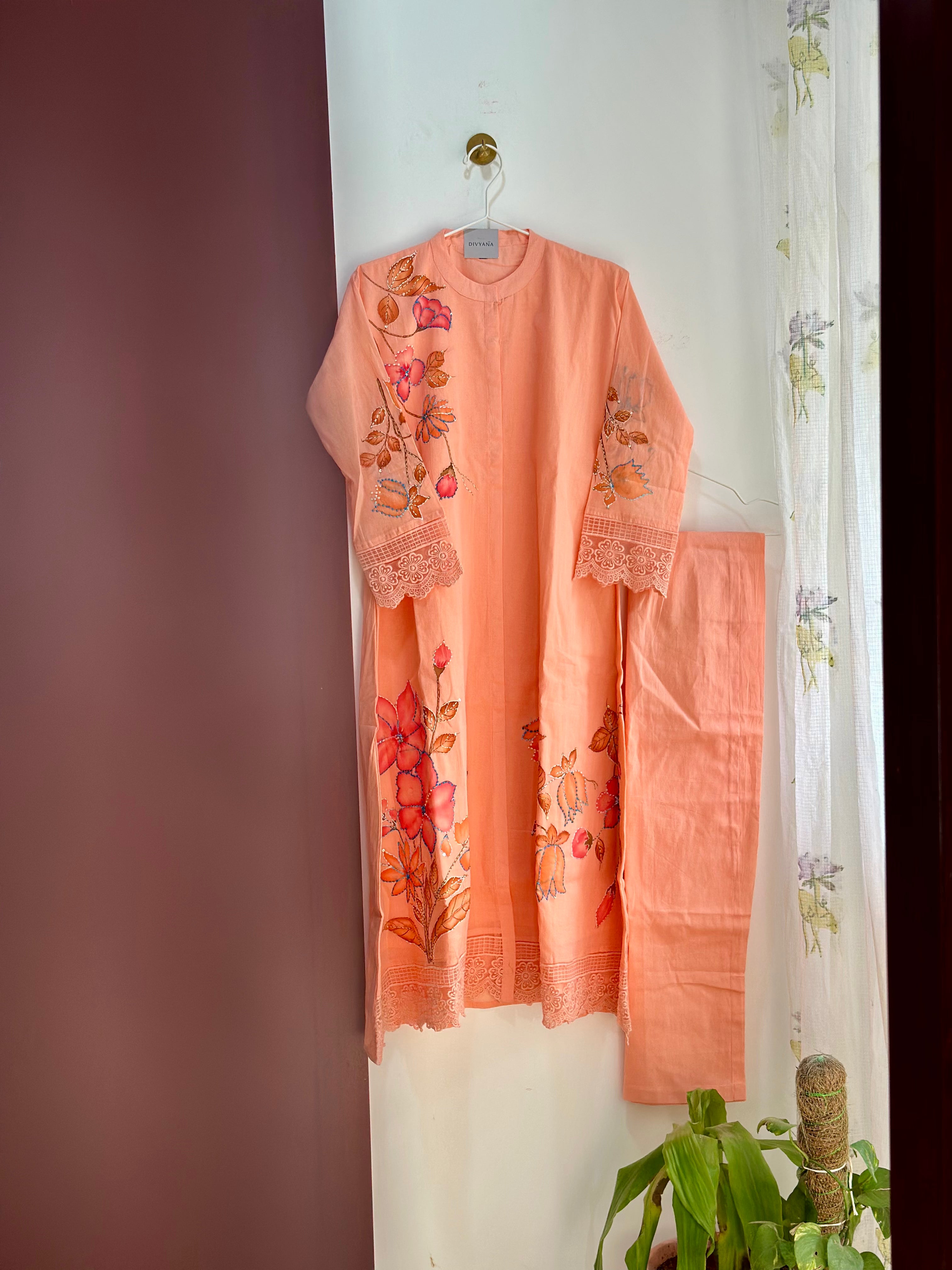 Pretty peach hand-Painted Cotton Co-ord Set