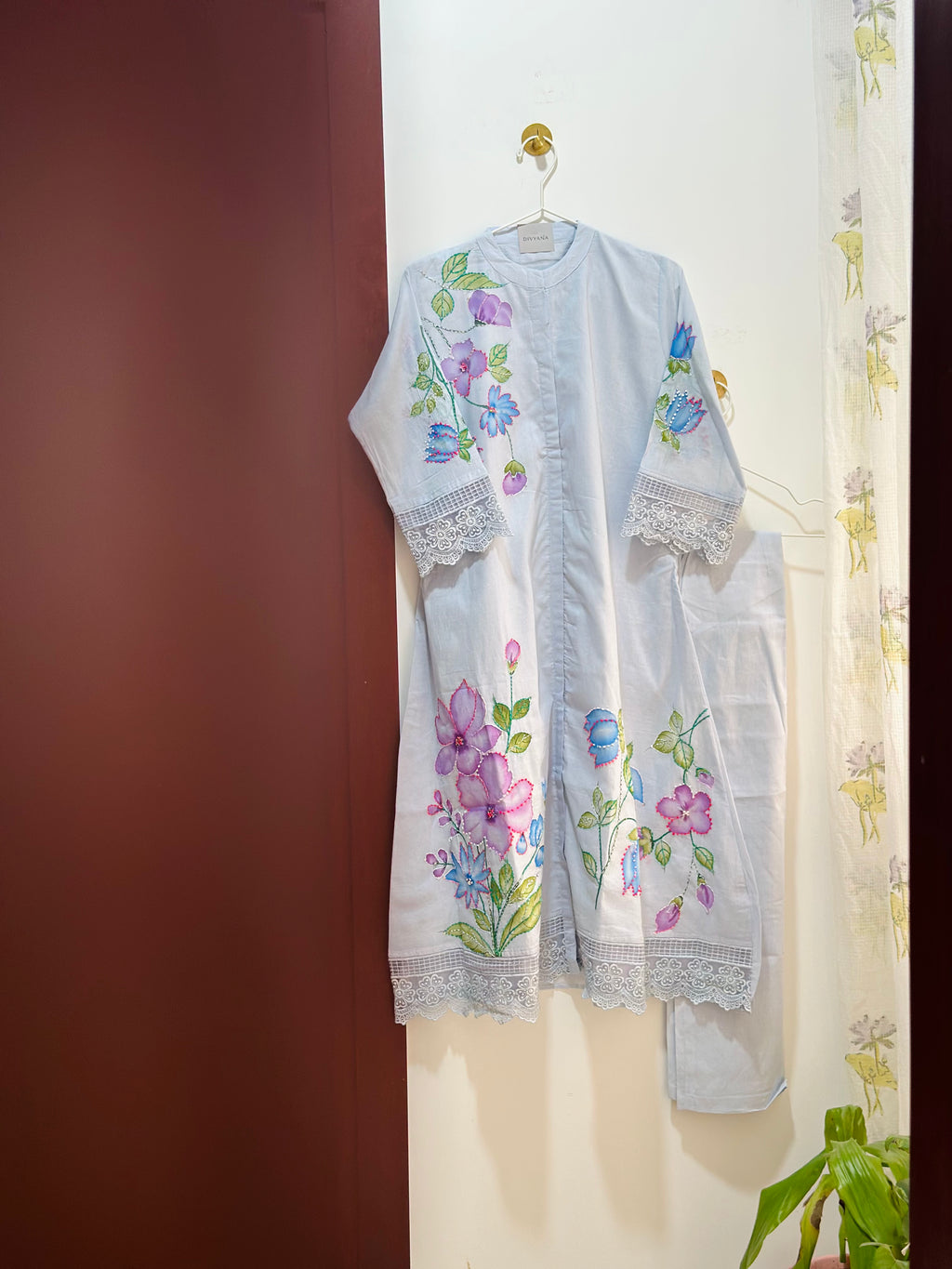 Powder blue handpainted/ hand embroidery cotton co-ord