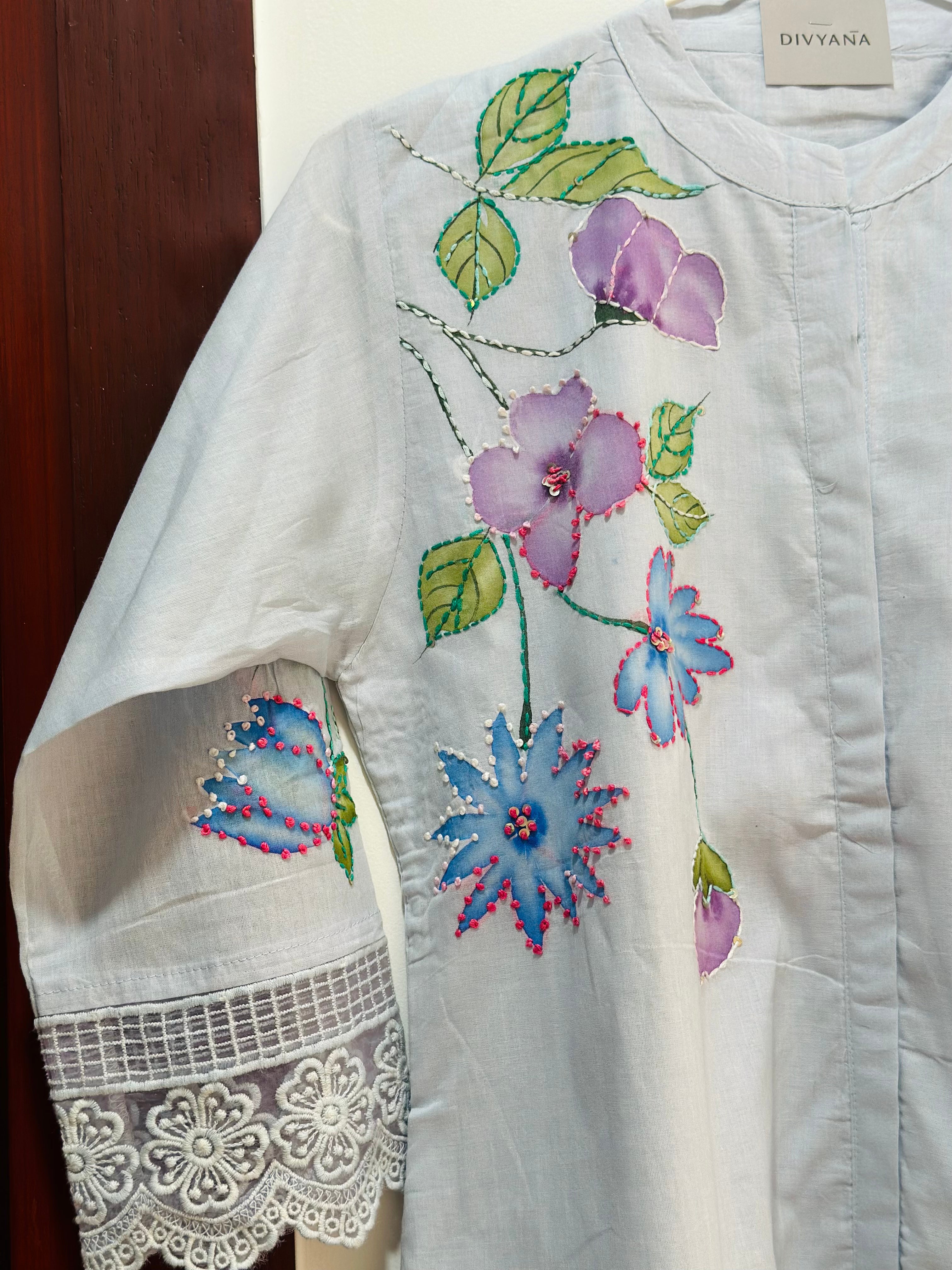 Powder blue handpainted/ hand embroidery cotton co-ord