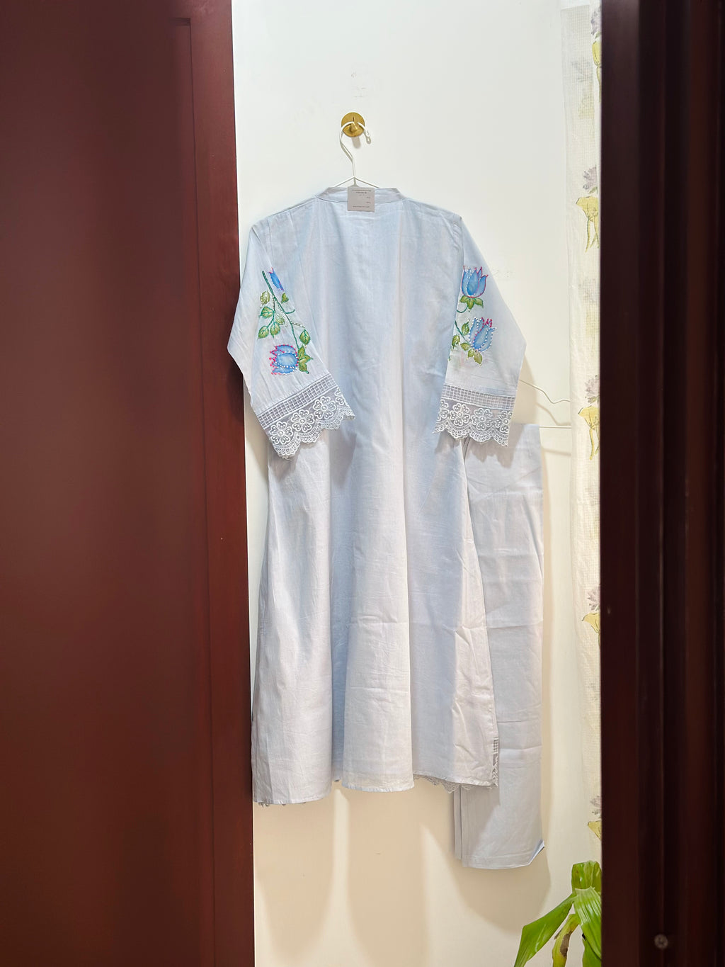 Powder blue handpainted/ hand embroidery cotton co-ord
