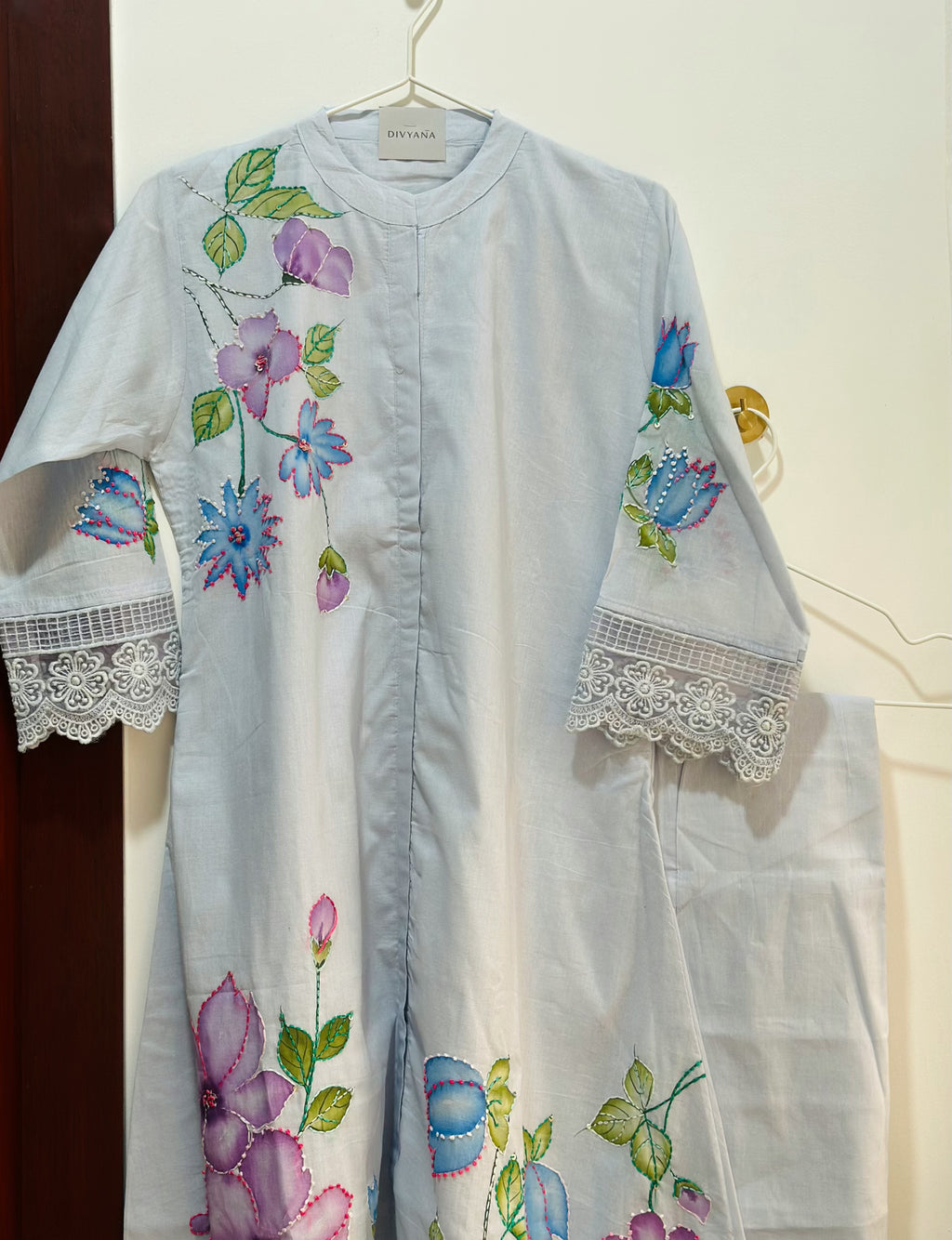 Powder blue handpainted/ hand embroidery cotton co-ord