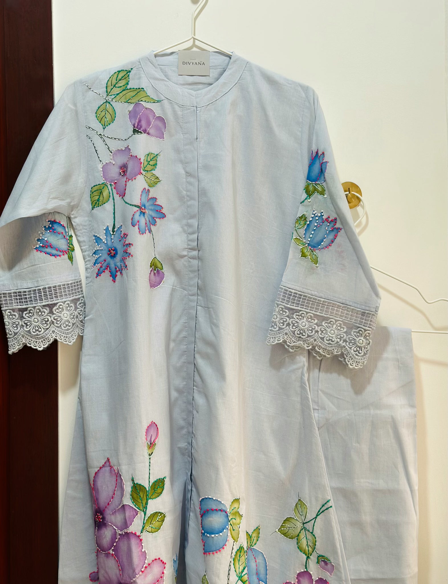 Powder blue handpainted/ hand embroidery cotton co-ord